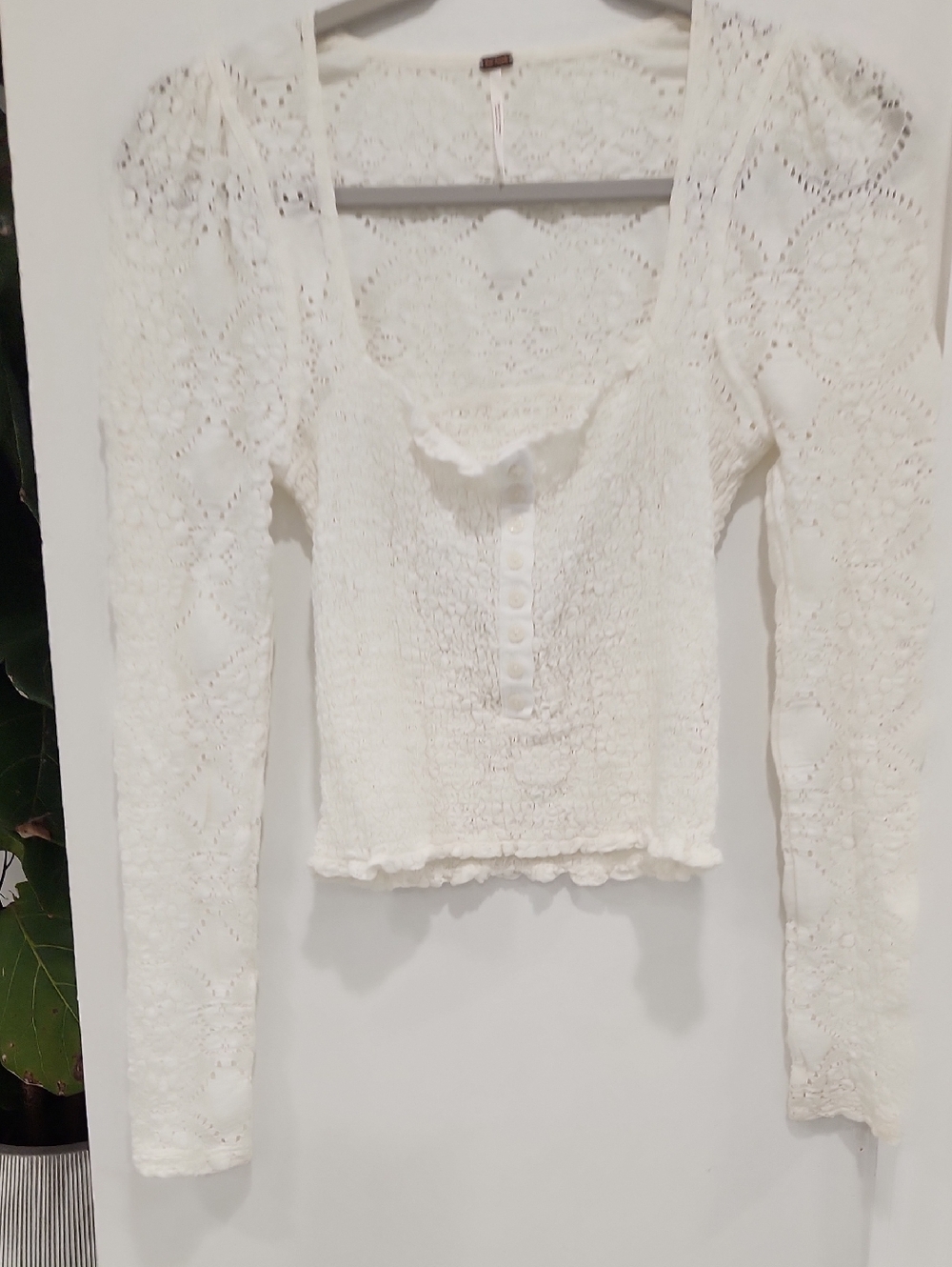 Free People Women’s White Lace Long-Sleeve Henley Top